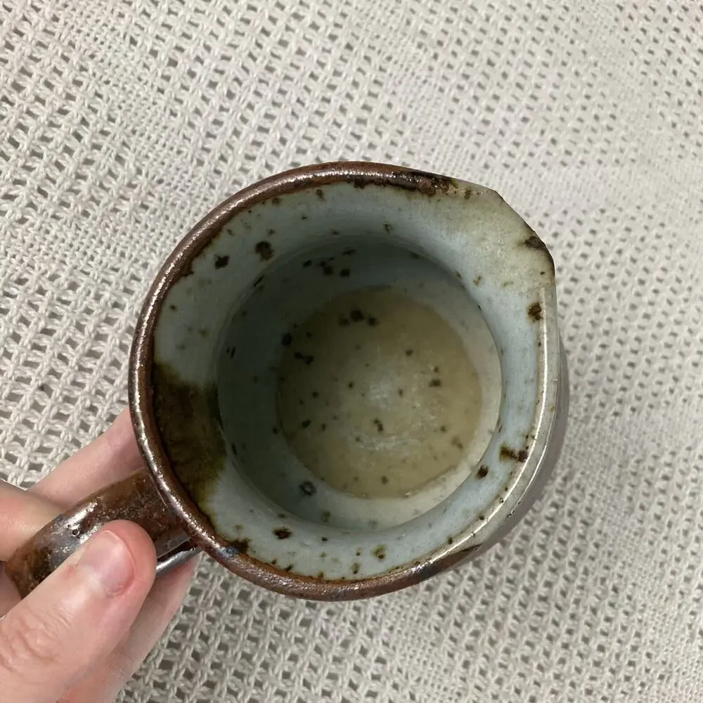 Stoneware Pottery Pitcher Small Hand Thrown Brown Gray Speckled Glaze Signed SB